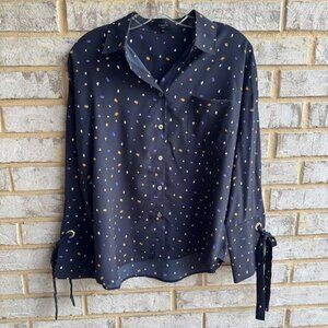 FRNCH 3/4 Sleeve Tie Cuff Geometric Print Button Down Blouse Women's Size S